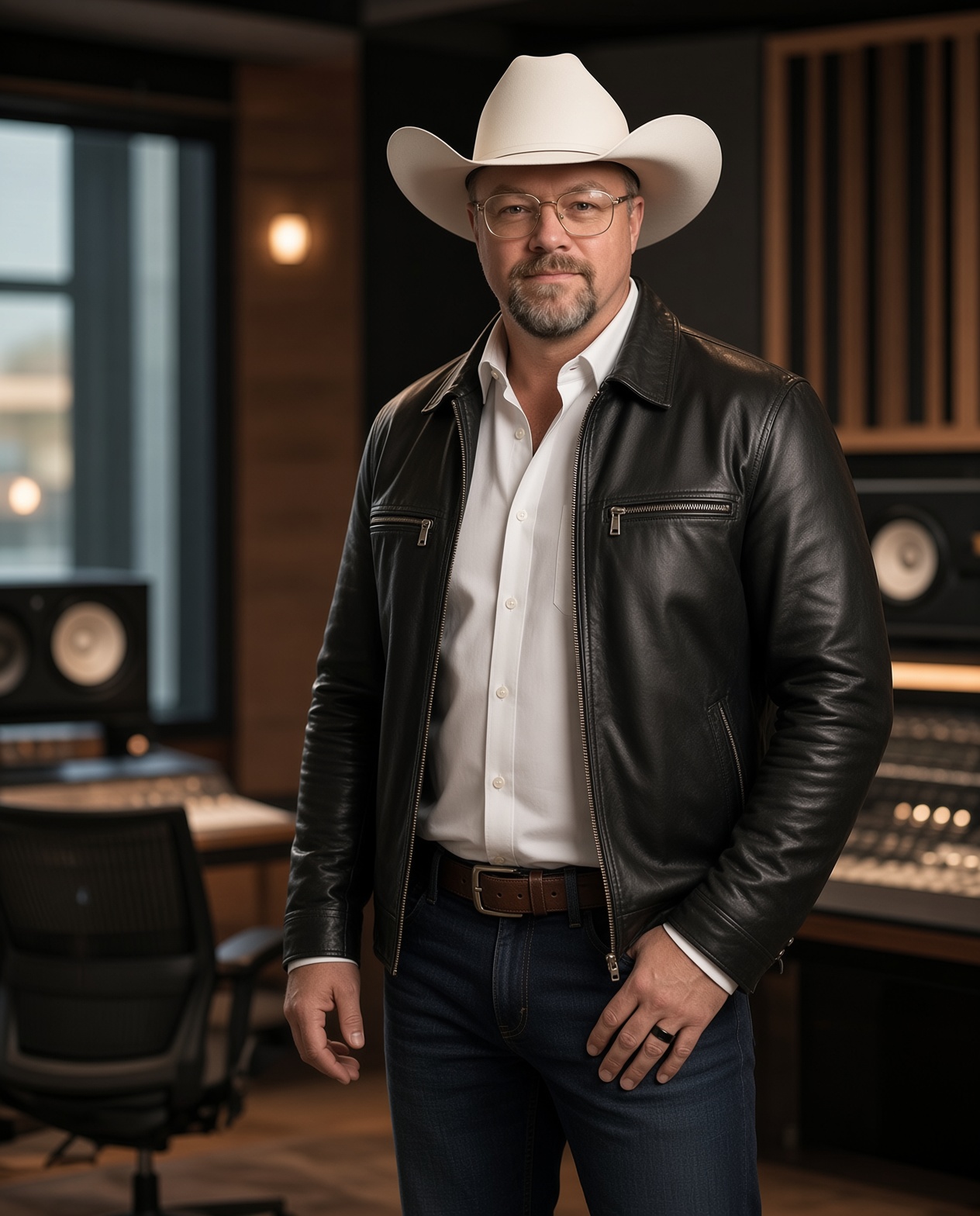 Chad Sanders studio portrait, white cowboy hat and leather jacket